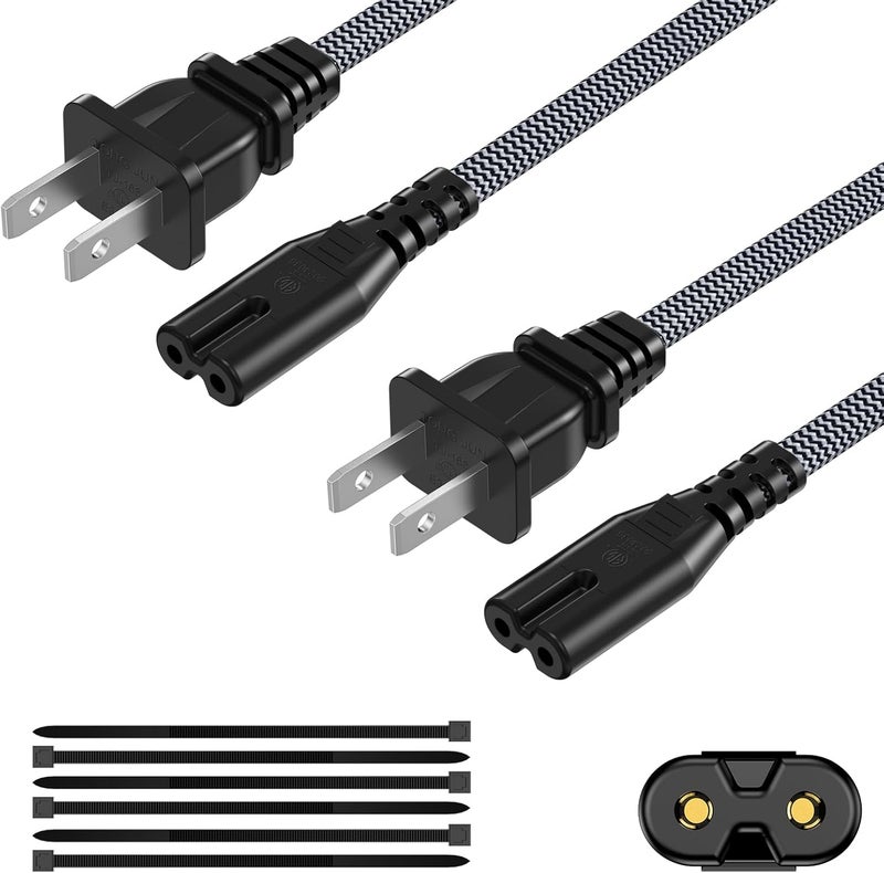 ecjtu AC Power Cord 10FT(2 Pack), 2 Prong TV Power Cord, Nylon Braid Cable Replacement for Xbox One, PS3, PS4, PS5, Compatible for Printer, Monitor, Sound Bar, Game Console - Image 1